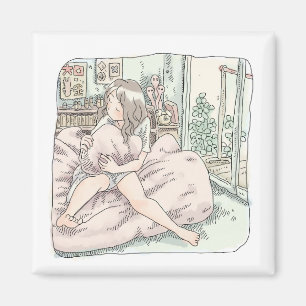 さなさやじ ベランダのある部屋の窓際で布団の上でクッションを抱きしめて座る女性のイラスト MAGNET