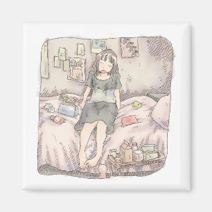 さなむさじ 寝室のピンクのベッドに腰かけて目を閉じている素足の女性のイラスト MAGNET