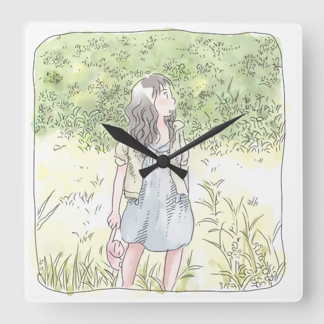 さなむなじ　緑の草原に立って周囲を見渡す女性のイラスト SQUARE WALL CLOCK (Front)