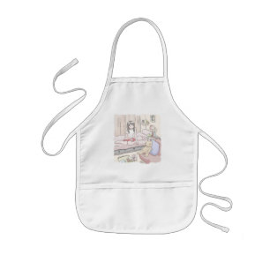 さにさごじ  ぬいぐるみの置いてある寝室のベッドにへたり込んでいる女性のイラスト KIDS APRON