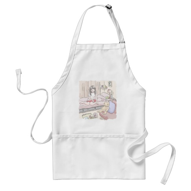 さにさごじ　ぬいぐるみの置いてある寝室のベッドにへたり込んでいる女性のイラスト STANDARD APRON (Front)