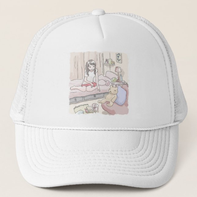 さにさごじ　ぬいぐるみの置いてある寝室のベッドにへたり込んでいる女性のイラスト TRUCKER HAT (Front)