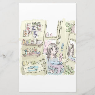 さにしごじ 黄色い洗面所で窓から覗いている兎と、洗濯カゴを持つ女性のイラスト STATIONERY