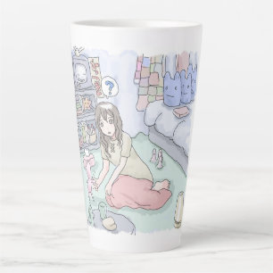 さにしれじ 緑のカーペットが敷いてある寝室でへたり込んでいる女性のイラスト LATTE MUG