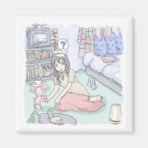 さにしれじ 緑のカーペットが敷いてある寝室でへたり込んでいる女性のイラスト MAGNET