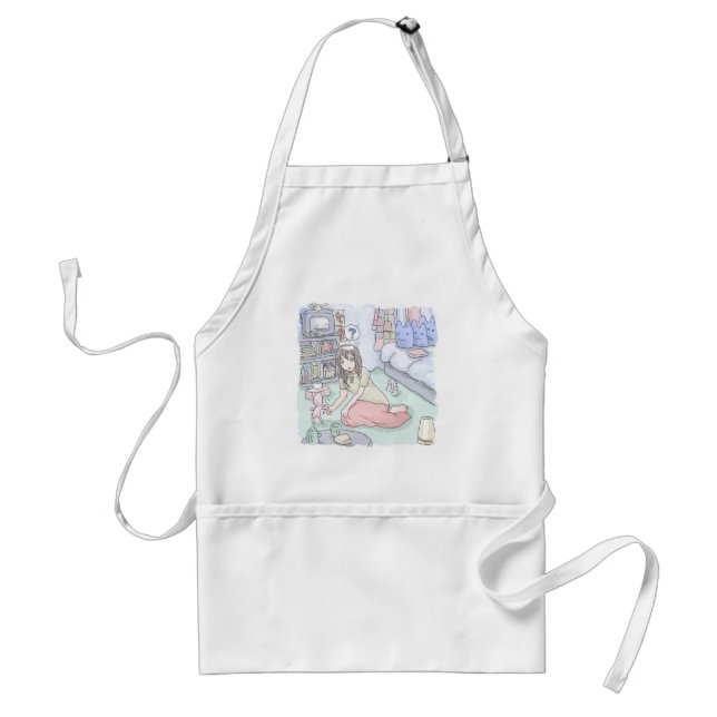 さにしれじ　緑のカーペットが敷いてある寝室でへたり込んでいる女性のイラスト STANDARD APRON (Front)