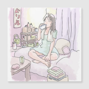 さにれなじ お部屋のベッドの上であぐらをかいて水をごくごく飲む女性のイラスト