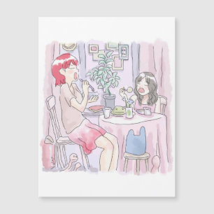 さむさむじ ピンク色のテーブルで向き合って食事をする不機嫌な二人の女性のイラスト