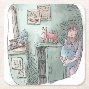 さやさくじ 水色のお部屋の隅の暗がりでぬいぐるみを持って目を閉じる女性のイラスト SQUARE PAPER COASTER