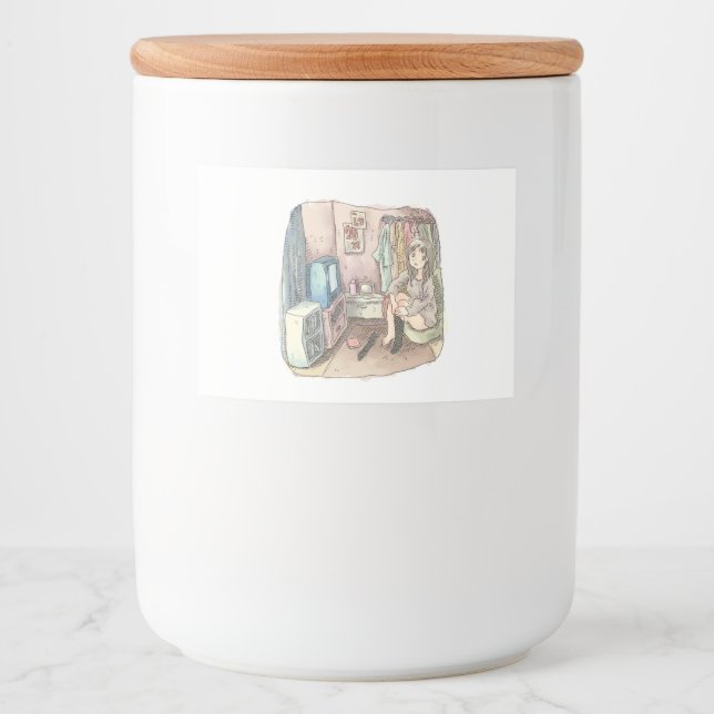 さやしくじ　衣類のかけてある部屋の座椅子に座ってテレビを見ながら靴下をはいている女性のイラスト FOOD LABEL (Front)