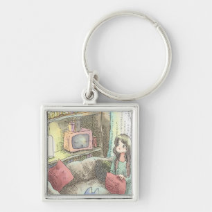 さやにくじ　テレビのあるほの明るいお部屋で赤いクッションを手に持つ女性のイラスト KEY RING