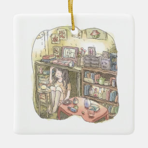 さやれれじ　お部屋の隅っこの作業机の下に潜り込んで座る女性のイラスト CERAMIC ORNAMENT