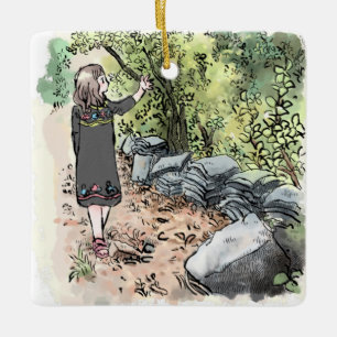 されいいじ 古い瓦が積んである田舎の自然道を歩く女性の水彩イラスト CERAMIC ORNAMENT