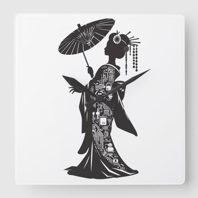 アクリル壁時計、芸者シルエット SQUARE WALL CLOCK (Front)