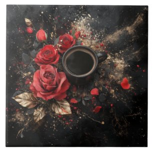 「コーヒーに赤い薔薇を添えて」　黒色系背景　コーヒーブレイク TILE