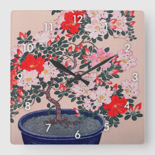ツツジの盆栽, 小原古邨 Bonsai Azalea, Oh Square Wall Clock