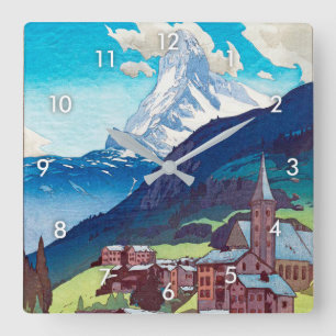 マッターホルン, Matterhorn, Hiroshi Yoshida, Woodcut Square Wall Clock