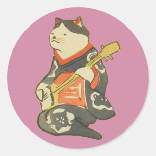 三味線を弾く猫, 国芳 Cat Playing Guitar, Kuniyoshi, Ukiyoe Classic Round Sticker