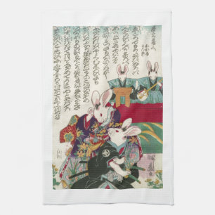 兎の歌舞伎役者, 芳藤 Actors of Rabbit, Yoshifuji, Ukiyo-e Tea Towel