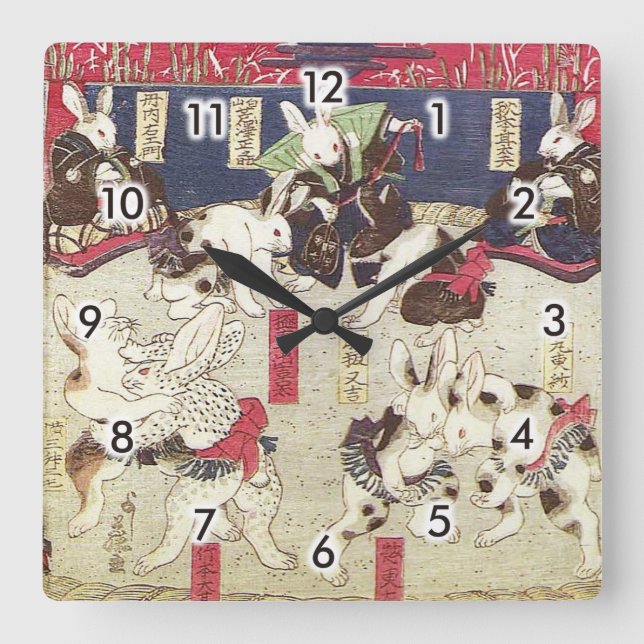 兎の相撲, 芳藤 Sumo Rabbits, Yoshifuji, Ukiyo-e Square Wall Clock (Front)