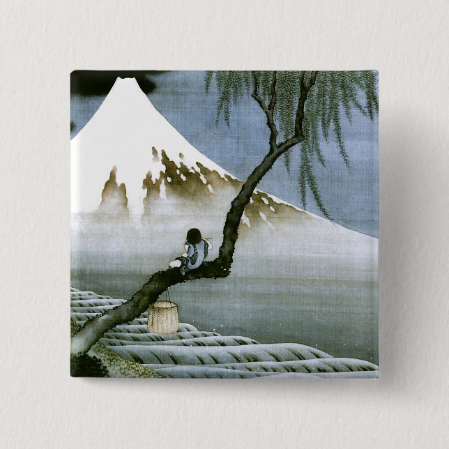 北斎 Boy & Mt Fuji Fine Art 15 Cm Square Badge (Front)
