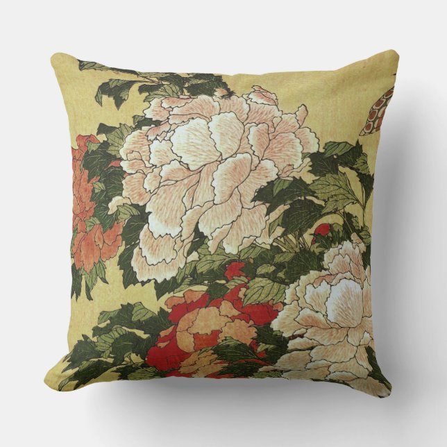 北斎 Hokusai Peonies & Butterflies Fine Art Outdoor Cushion (Front)