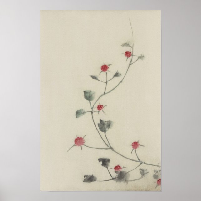 北斎 Red Blossoms on Vine Hokusai Fine Art Poster (Front)