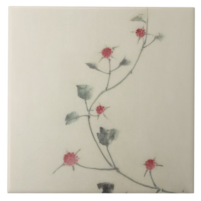 北斎 Red Blossoms on Vine Hokusai Fine Art Tile (Front)