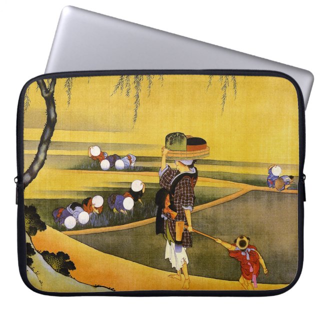 北斎 Rice Fields Hokusai Fine Art Laptop Sleeve (Front)