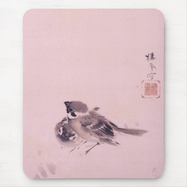 双雀, 栖鳳 Pair of The Sparrow, Seihō, Japanese Art Mouse Pad (Front)