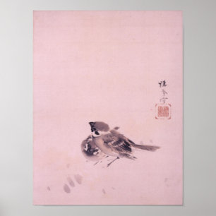 双雀, 栖鳳 Pair of The Sparrow, Seihō, Japanese Art Poster