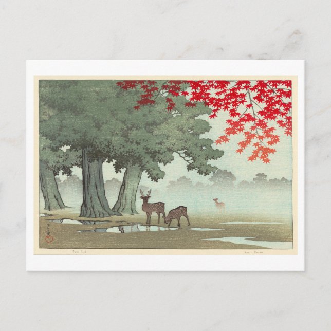 奈良公園の鹿, Deer of Nara Park, Hasui Kawase, Woodcut Postcard (Front)