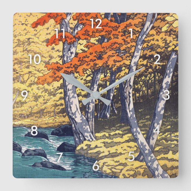 奥入瀬の秋, Autumn at Oirase, Hasui Kawase, Woodcut Square Wall Clock (Front)