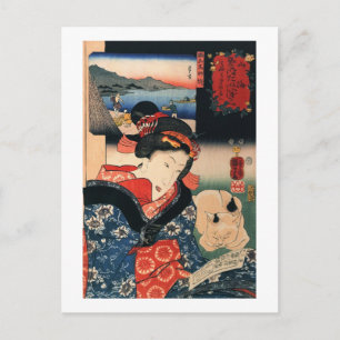 女と眠る猫, 国芳 Woman and Sleeping Cat, Kuniyoshi Postcard