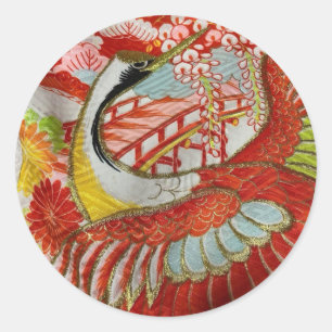 日本の伝統的着物生地シール（鶴赤） CLASSIC ROUND STICKER