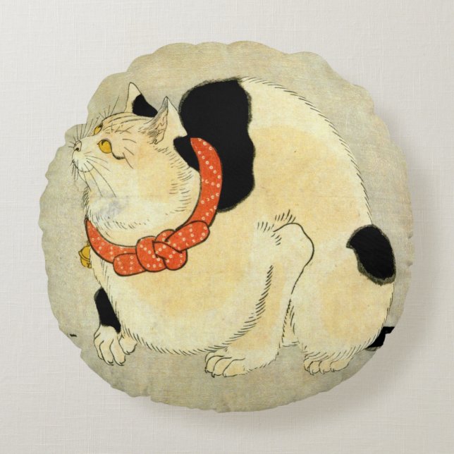 日本猫, 国芳 Japanese Cat, Kuniyoshi, Ukiyo-e Round Cushion (Front)