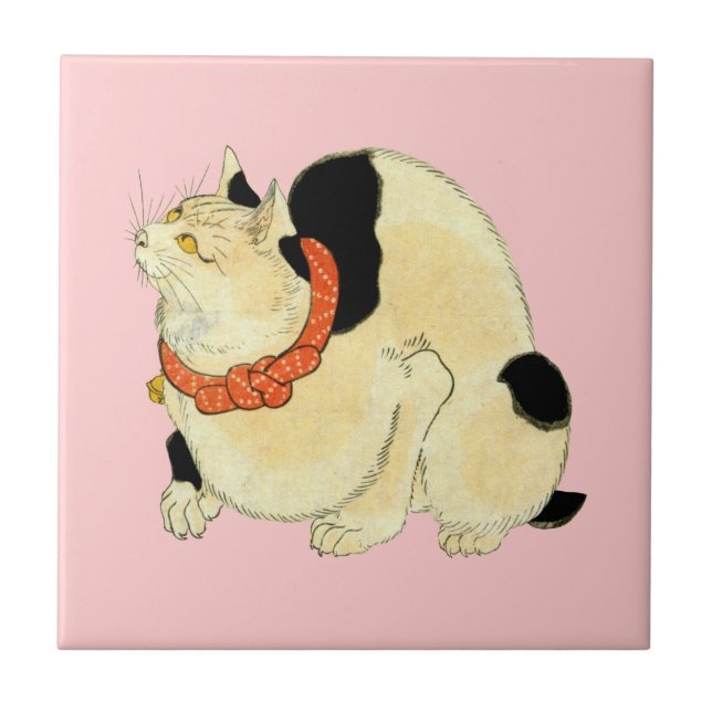 日本猫, 国芳 Japanese Cat, Kuniyoshi, Ukiyo-e Tile (Front)