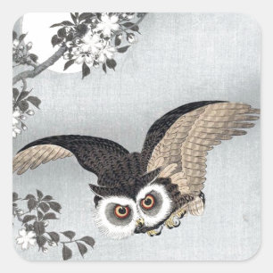 月とフクロウ, 古邨 Flying Owl & Moon, Koson, Ukiyo-e Square Sticker