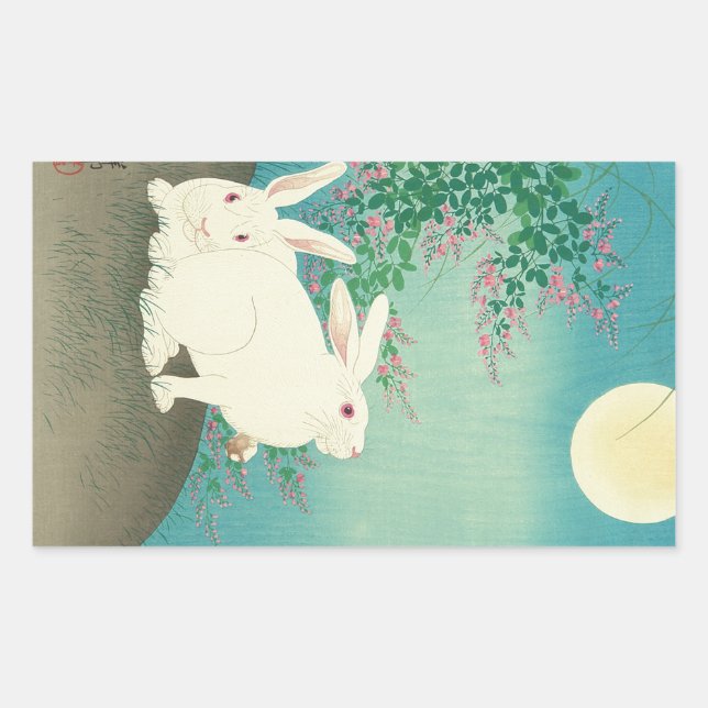 月と兎, 古邨 Rabbits & Moon, Koson, Ukiyo-e Rectangular Sticker (Front)
