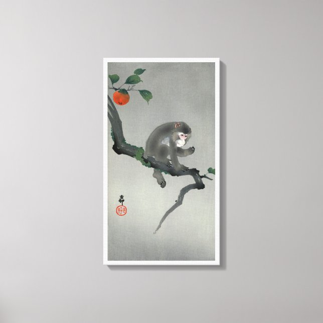 柿に猿, 古邨 Monkey on Persimmon tree, Ohara Koson Canvas Print (Front)