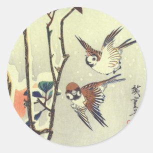 椿に雀, 広重 Camellia and Sparrow, Hiroshige, Ukiyo-e Classic Round Sticker