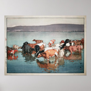 沼崎牧場の昼, Cows, Hiroshi Yoshida, Woodcut Poster