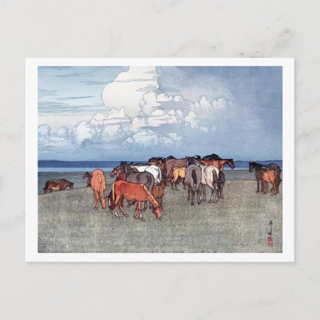 沼崎牧場, Horses, Hiroshi Yoshida, Woodcut Postcard (Front)