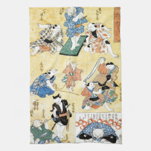 流行猫の狂言づくし, 国芳 Actors of The Cat, Kuniyoshi, Ukiyoe Tea Towel