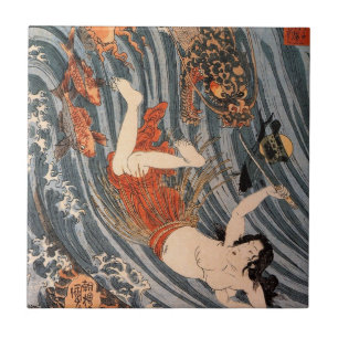海女と龍, 国芳, Woman & Dragon, Kuniyoshi, Ukiyo-e Tile