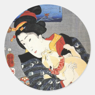 猫と女, 国芳 Cat and Woman, Kuniyoshi, Ukiyoe Classic Round Sticker