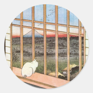 猫と富士山, 広重 Cat and Mount Fuji, Hiroshige Classic Round Sticker