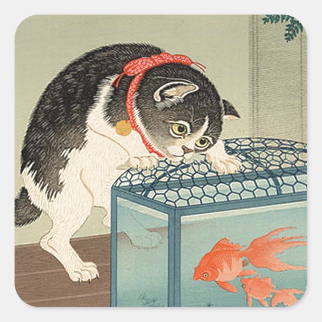 猫と金魚, 古邨 Cat & Goldfish, Koson, Ukiyo-e Square Sticker (Front)