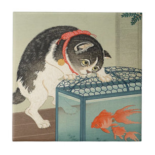 猫と金魚, 古邨 Cat & Goldfish, Koson, Ukiyo-e Tile
