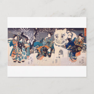 猫の雪だるま,国芳  Big Cat Snowman, Kuniyoshi, Ukiyo-e Postcard